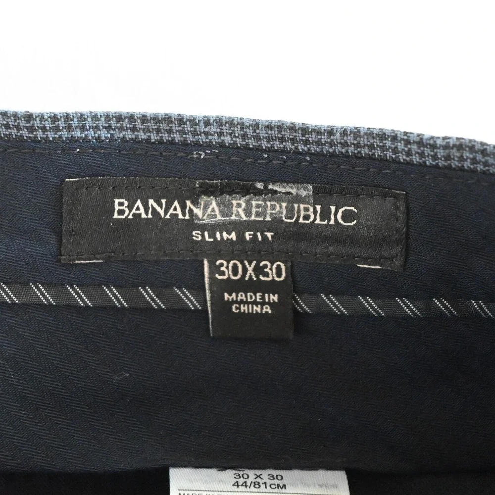 Banana Republic 30x30‎ Blue Houndstooth 100% Linen 582075 Slim Mens Dress Pants